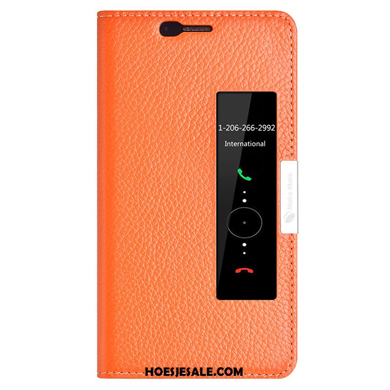 Huawei Mate 10 Hoesje Hoes Echt Leer Folio Oranje Bescherming Goedkoop