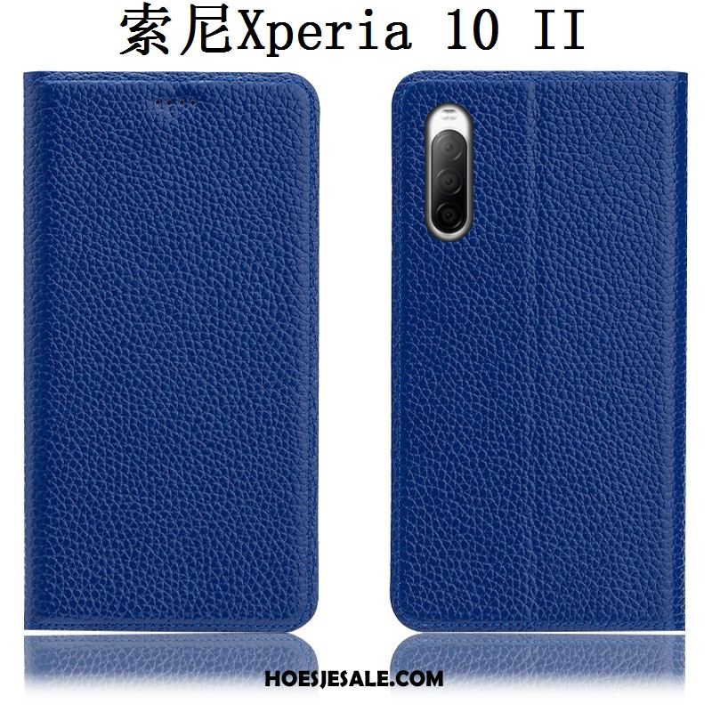 Sony Xperia 10 Ii Hoesje Blauw Patroon Bescherming Echt Leer Hoes Korting