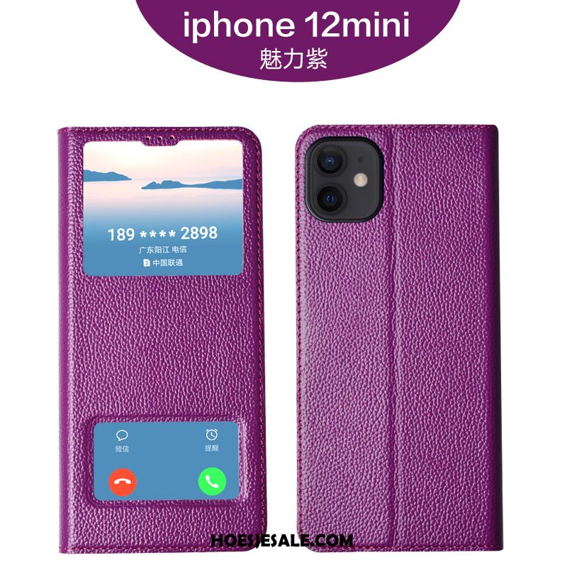 iPhone 12 Mini Hoesje Leren Etui Echt Leer High End Mobiele Telefoon Purper Goedkoop