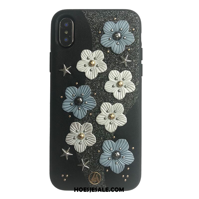 iPhone X Hoesje Bloemen Leren Etui Zwart Driedimensionaal Blauw Sale