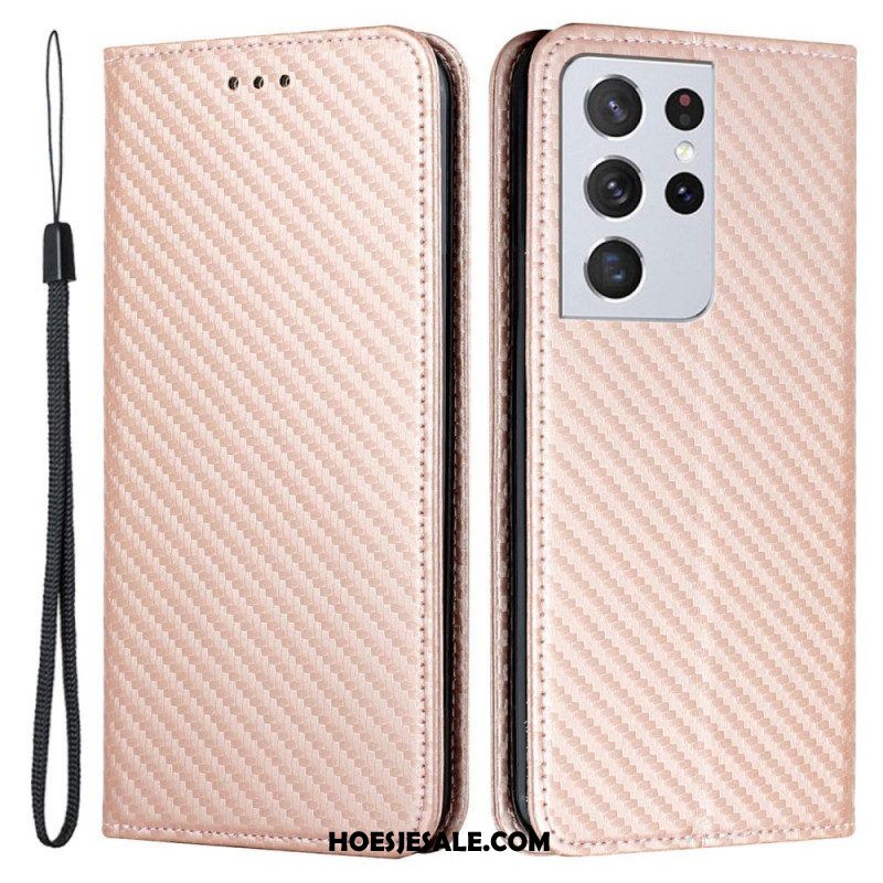 Bescherming Hoesje voor Samsung Galaxy S21 Ultra 5G Met Ketting Folio-hoesje Band Van Koolstofvezel