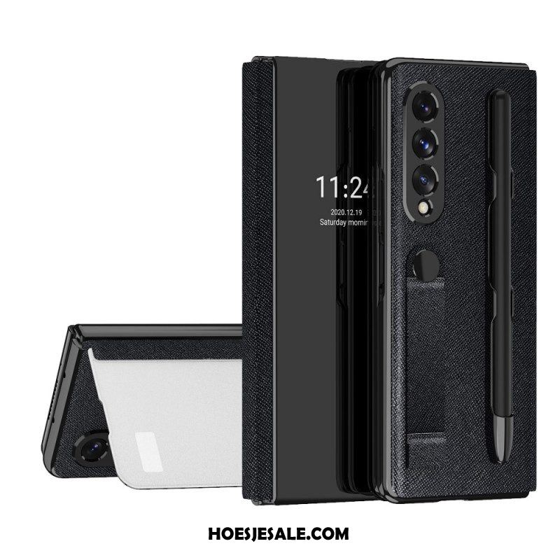 Bescherming Hoesje voor Samsung Galaxy Z Fold 3 5G Folio-hoesje Spiegel Pennenhouder En Riem