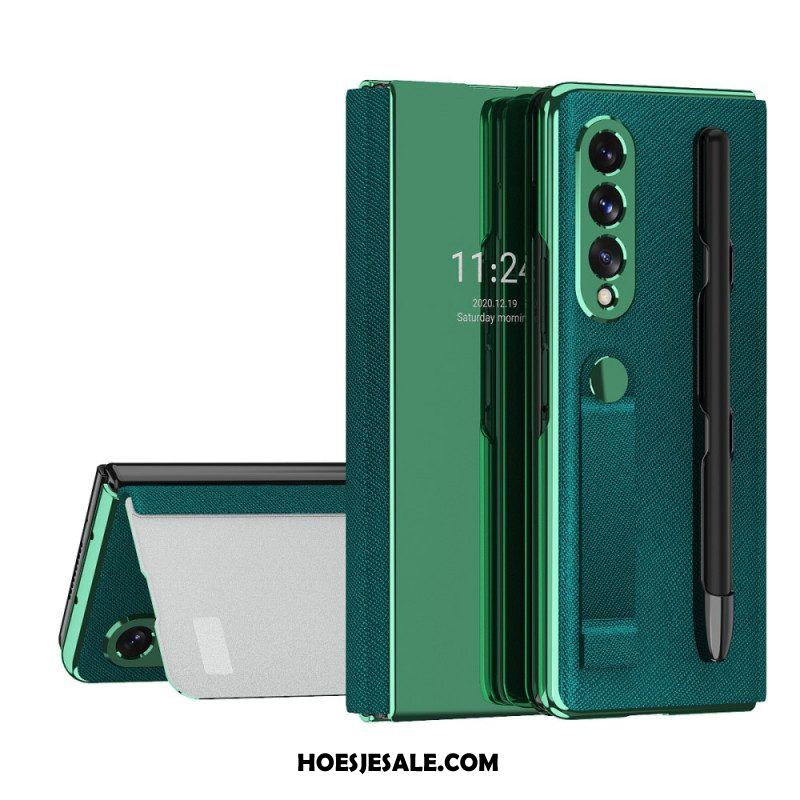 Bescherming Hoesje voor Samsung Galaxy Z Fold 3 5G Folio-hoesje Spiegel Pennenhouder En Riem