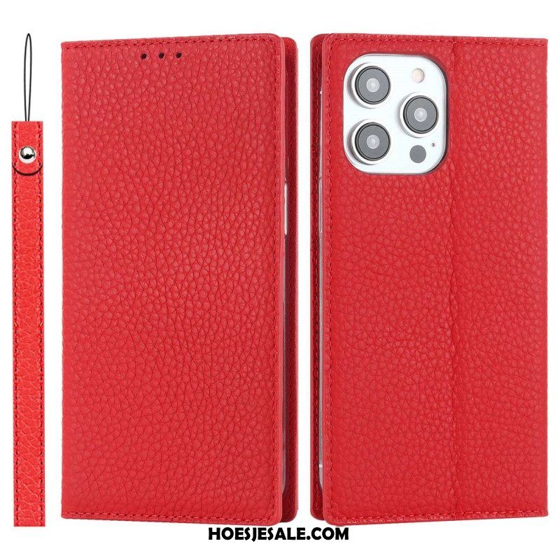 Bescherming Hoesje voor iPhone 14 Pro Max Met Ketting Folio-hoesje Echte Litchi Lederen Band