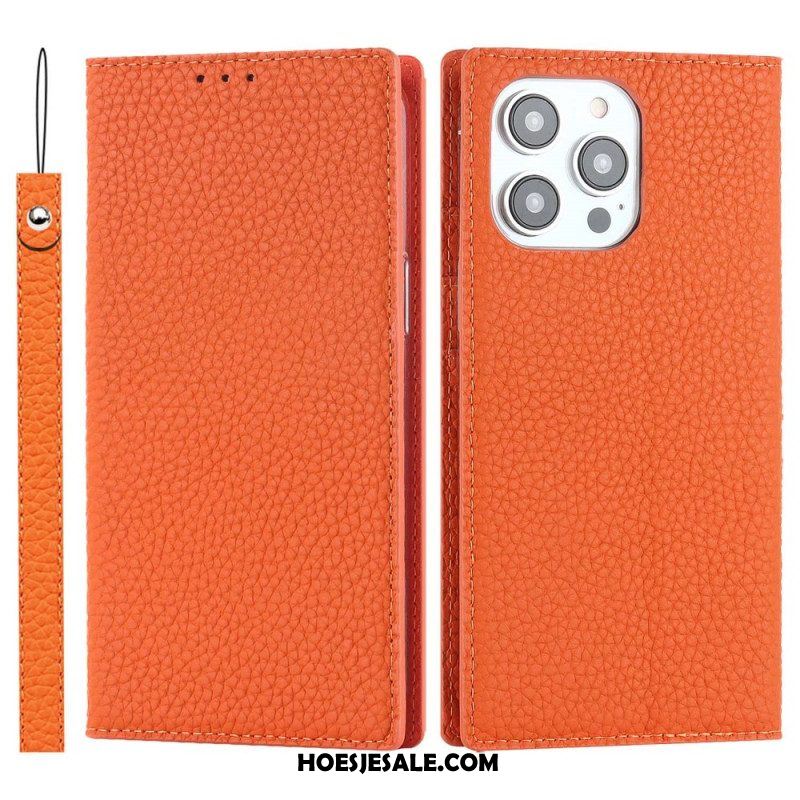 Bescherming Hoesje voor iPhone 14 Pro Max Met Ketting Folio-hoesje Echte Litchi Lederen Band