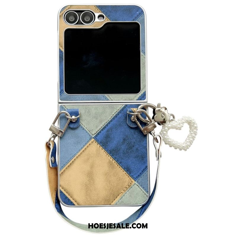 Case Hoesje Samsung Galaxy Z Flip 7 Fe Telefoonhoesje Diamantpatroon Met Bandje