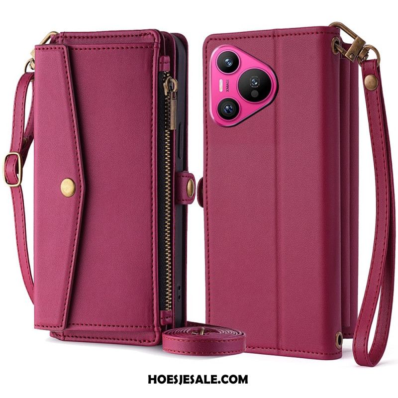 Flip Case Leren Huawei Pura 70 Portemonnee Met Schouderband En Draagriem