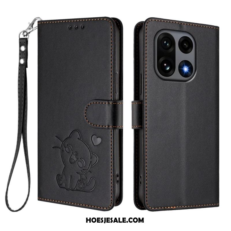 Flip Case Leren Oneplus 15 Kleine Kat Met Riempje