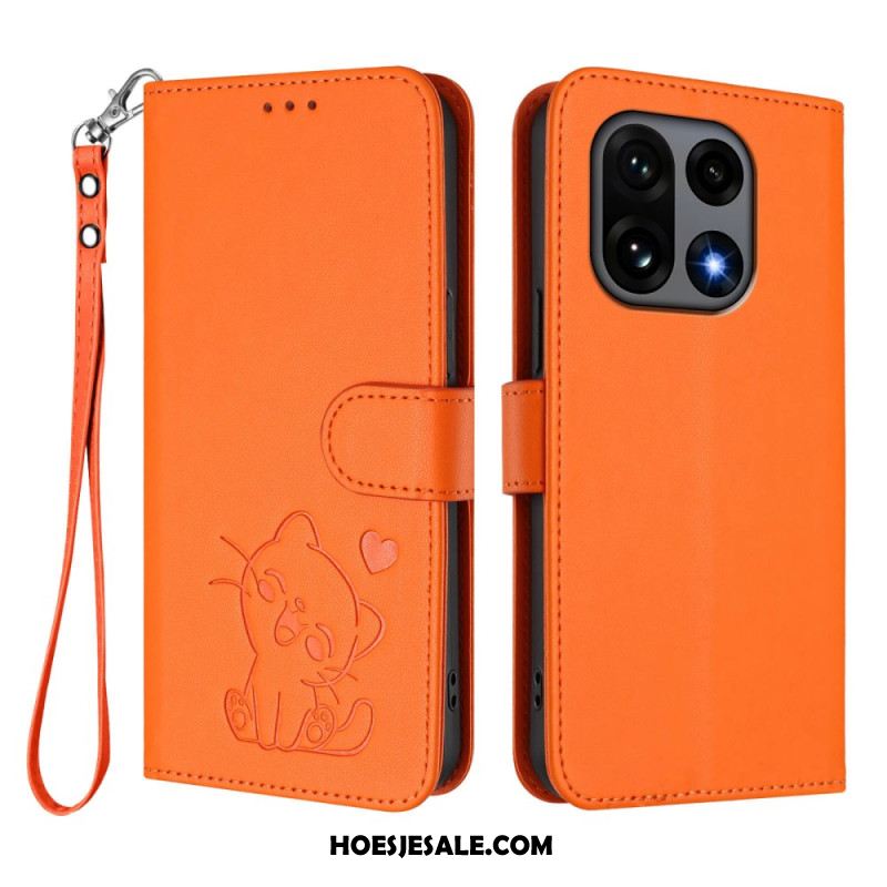 Flip Case Leren Oneplus 15 Kleine Kat Met Riempje