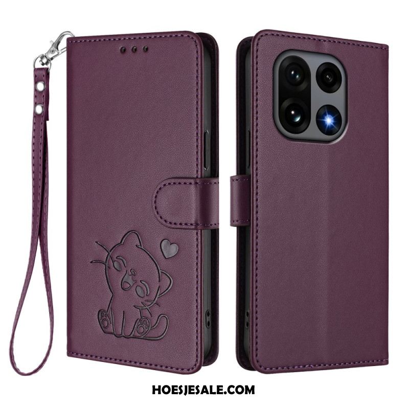 Flip Case Leren Oneplus 15 Kleine Kat Met Riempje