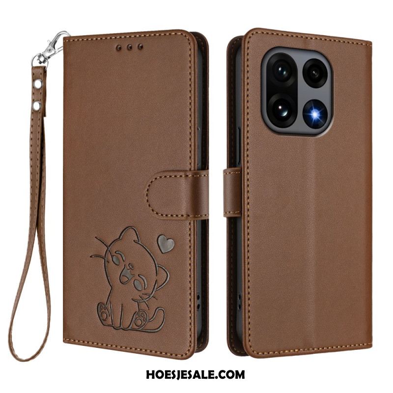 Flip Case Leren Oneplus 15 Kleine Kat Met Riempje