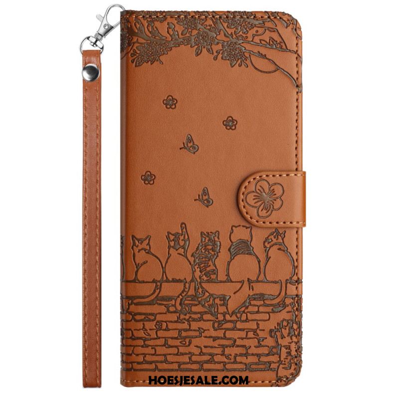 Flip Case Leren Xiaomi Redmi Note 14 5g Kattenpatroon Met Bandje