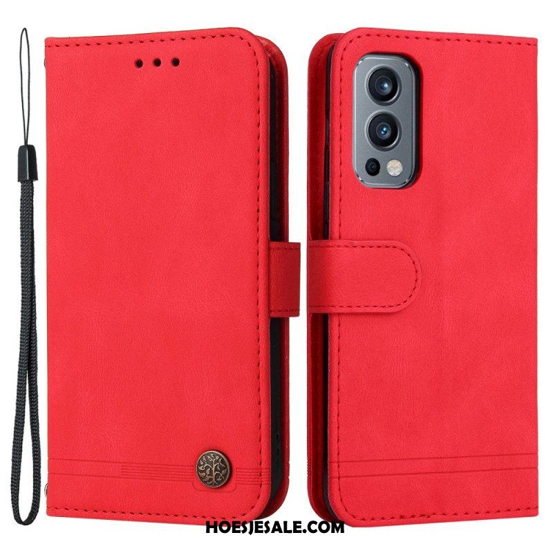 Flip Case voor OnePlus Nord 2 5G Klinknagel En Riem Van Imitatieleer