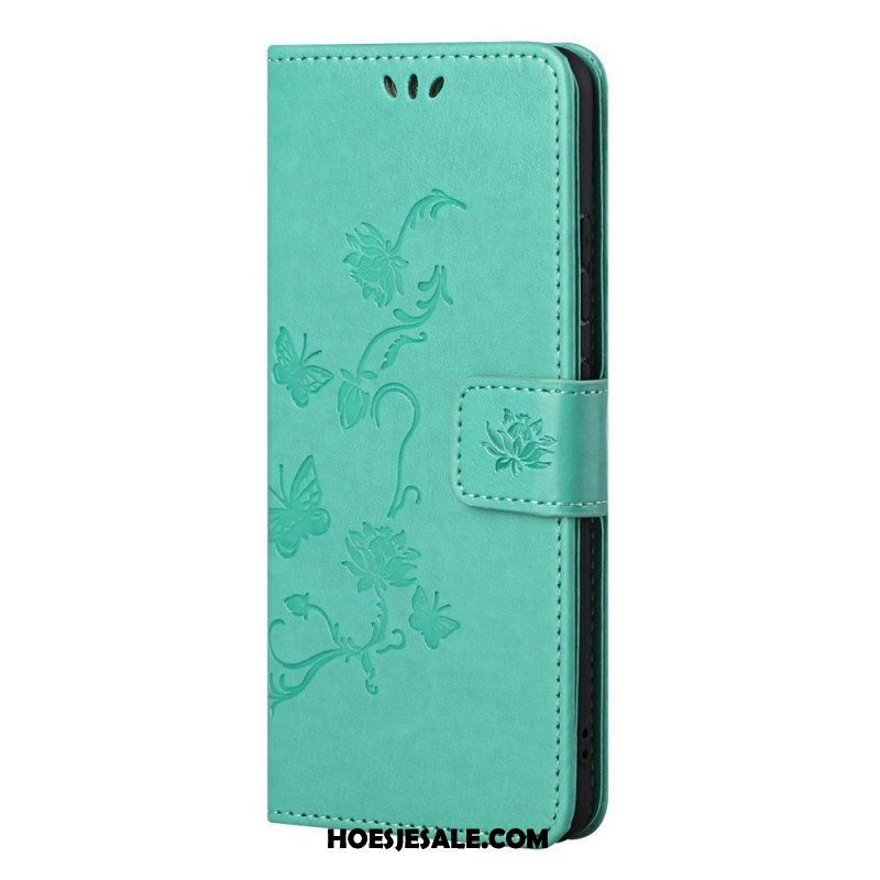 Flip Case voor Samsung Galaxy M52 5G Met Ketting Vlinders En Bloemen Riem