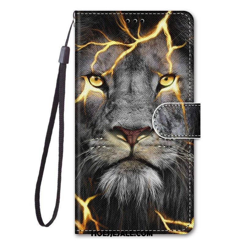 Flip Case voor Samsung Galaxy M53 5G Met Ketting Feline On Fire Met Riem