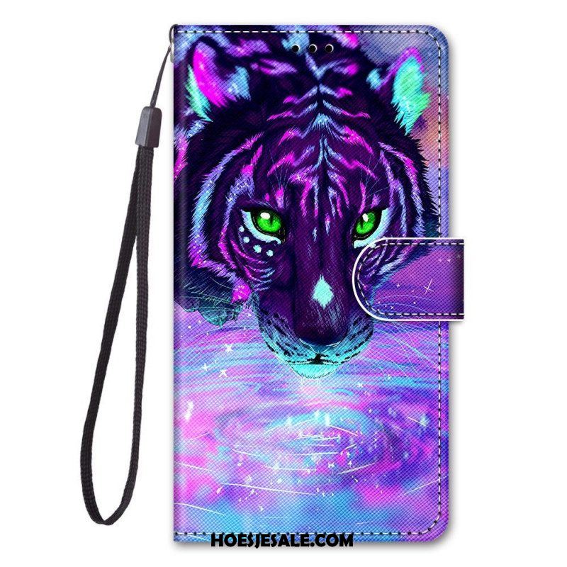 Flip Case voor Samsung Galaxy M53 5G Met Ketting Feline On Fire Met Riem