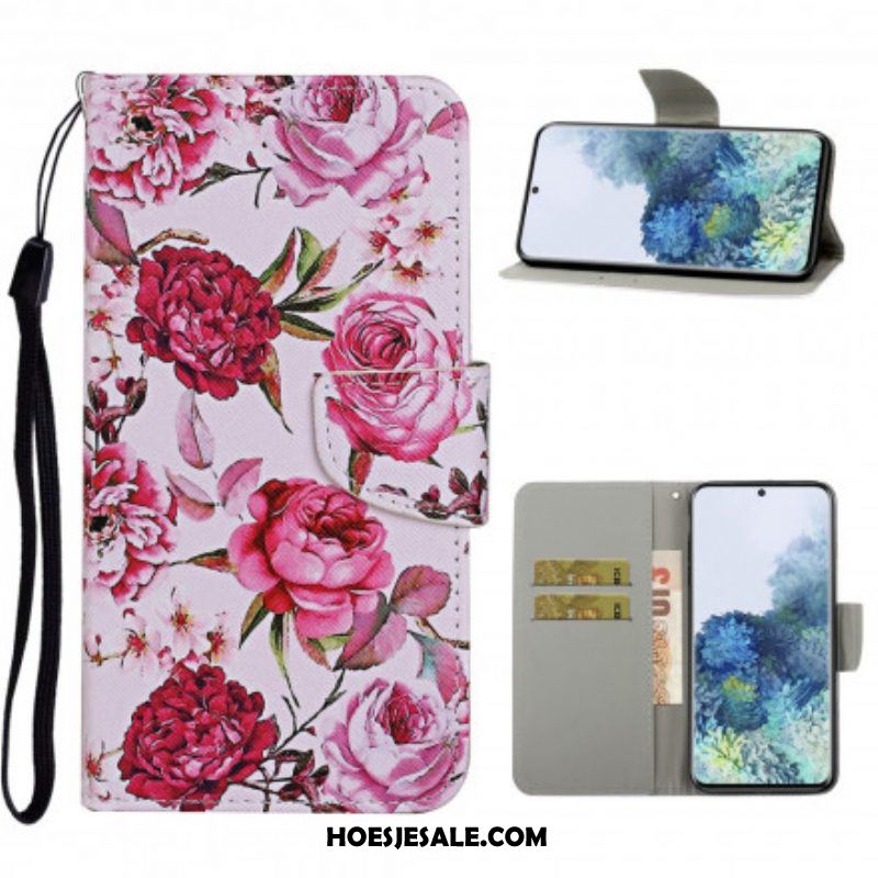 Flip Case voor Samsung Galaxy S21 Ultra 5G Meesterlijke Bloemen Met Riem