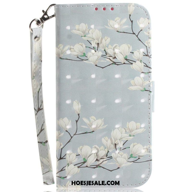 Folio-hoesje voor Moto G73 5G Met Ketting Witte Bloemen Met Bandjes