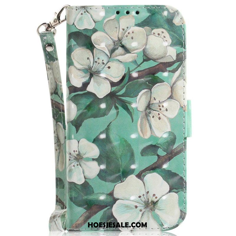 Folio-hoesje voor Moto G73 5G Met Ketting Witte Bloemen Met Bandjes