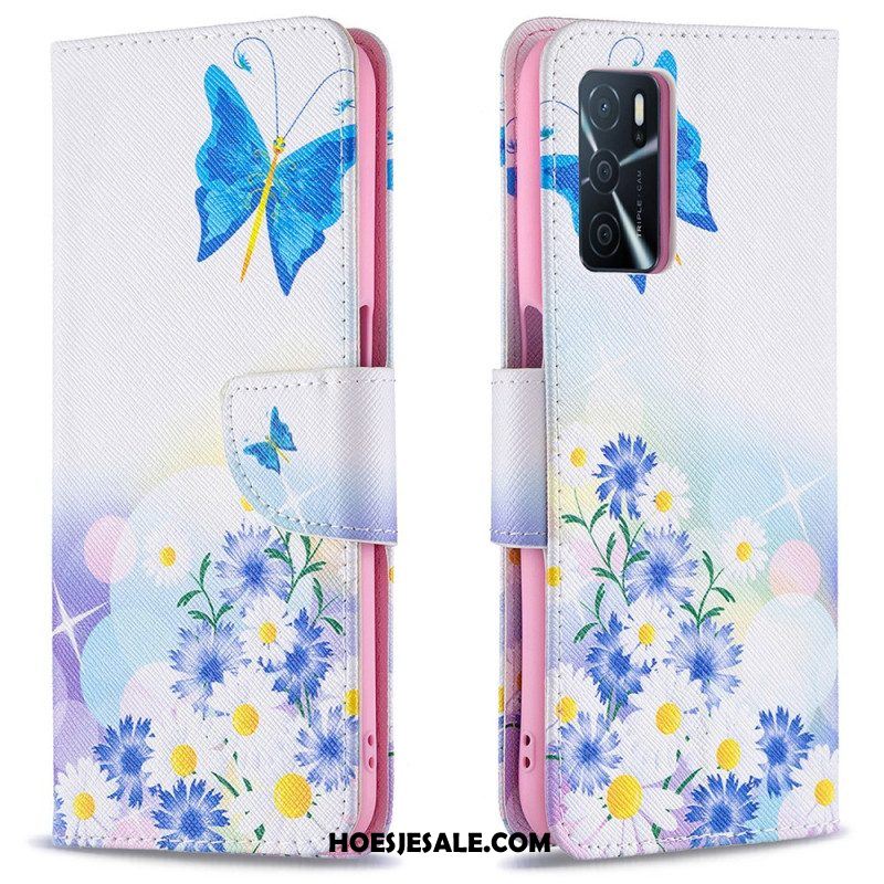 Folio-hoesje voor Oppo A16 / A16s Geschilderde Vlinders En Bloemen