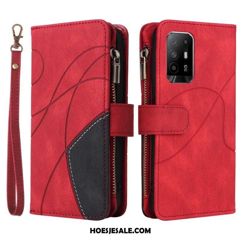 Folio-hoesje voor Oppo A94 5G Tweekleurige Portemonnee Met Lanyard