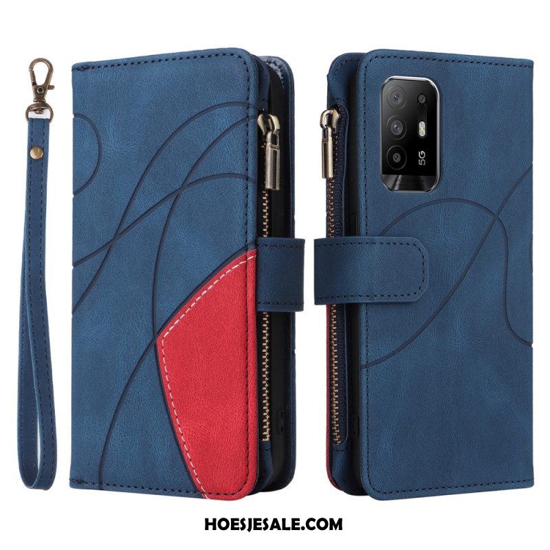 Folio-hoesje voor Oppo A94 5G Tweekleurige Portemonnee Met Lanyard