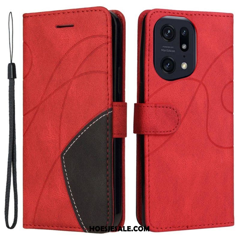 Folio-hoesje voor Oppo Find X5 Pro Met Ketting Tweekleurige Riem