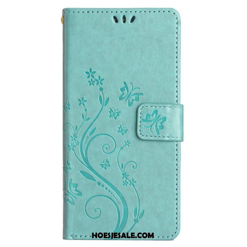 Folio-hoesje voor Samsung Galaxy A14 / A14 5G Met Ketting Bloemen String Kat