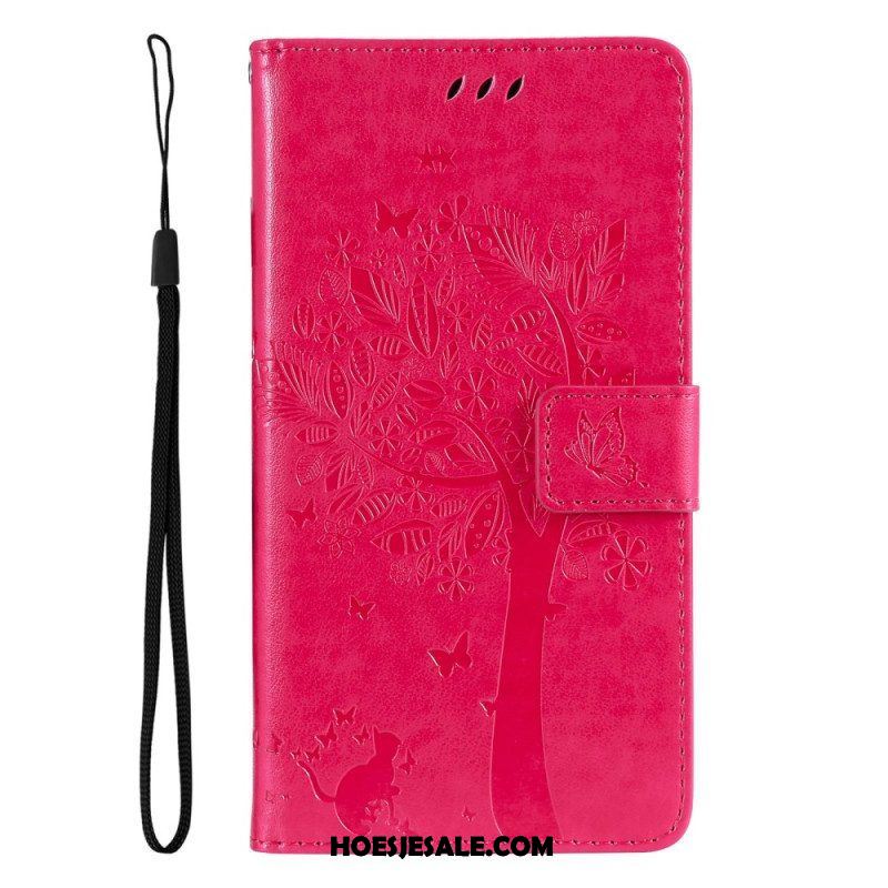 Folio-hoesje voor Samsung Galaxy A14 / A14 5G Met Ketting Boom En Strappy Cat