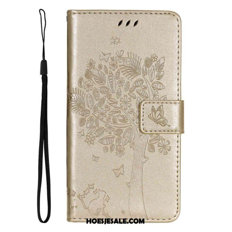 Folio-hoesje voor Samsung Galaxy A14 / A14 5G Met Ketting Boom En Strappy Cat