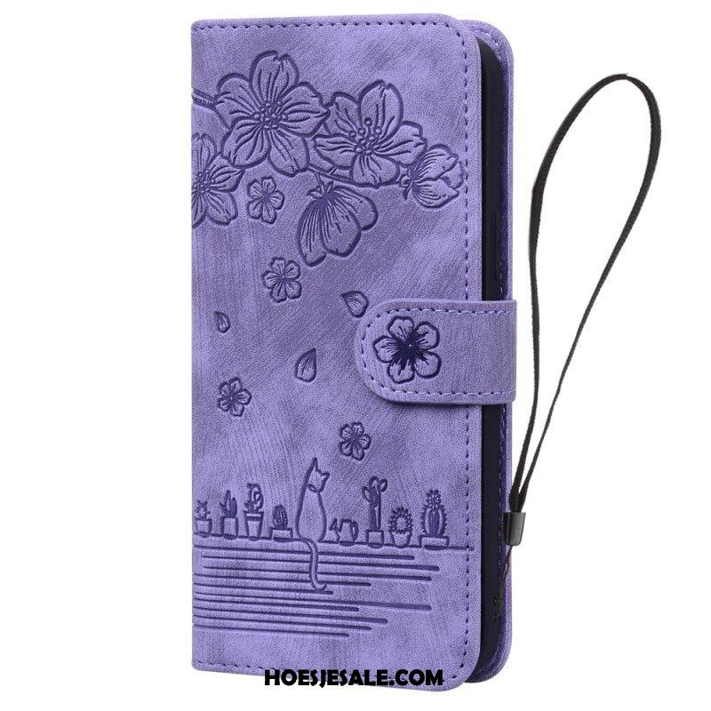 Folio-hoesje voor Samsung Galaxy A54 5G Met Ketting Bloemen String Kat