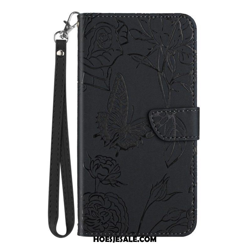 Folio-hoesje voor Samsung Galaxy M13 Discrete Vlinders En Lanyard