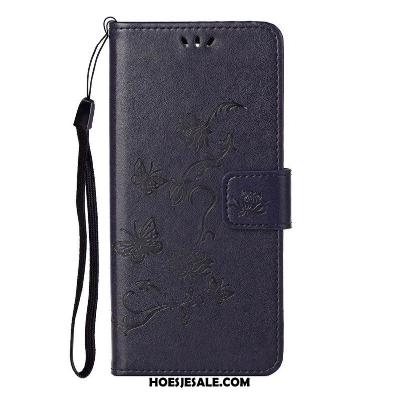 Folio-hoesje voor Samsung Galaxy S21 5G Met Ketting String Vlinders En Bloemen