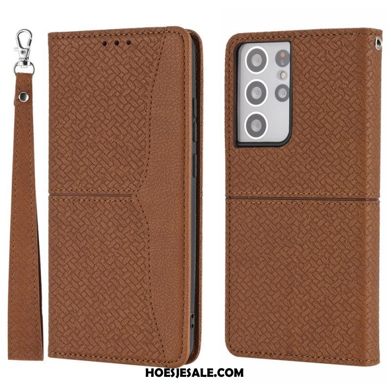 Folio-hoesje voor Samsung Galaxy S21 Ultra 5G Met Ketting Geweven Leren Stijl Met Bandjes