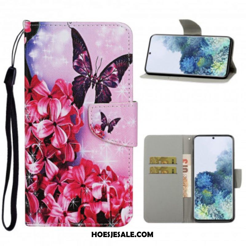 Folio-hoesje voor Samsung Galaxy S21 Ultra 5G Vlinders Floral Lanyard