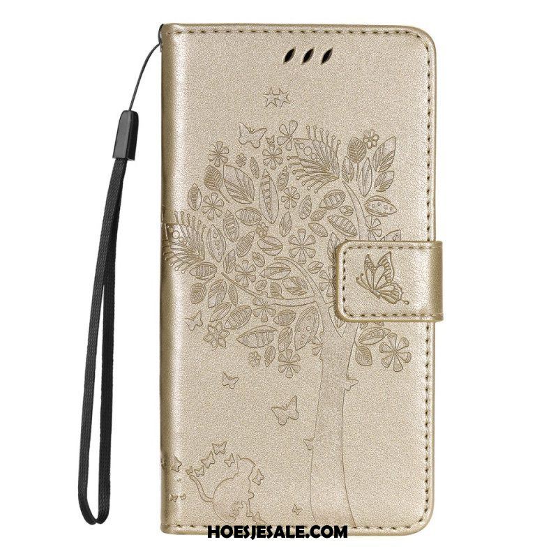 Folio-hoesje voor Samsung Galaxy S22 Plus 5G Met Ketting Boom En Strappy Cat