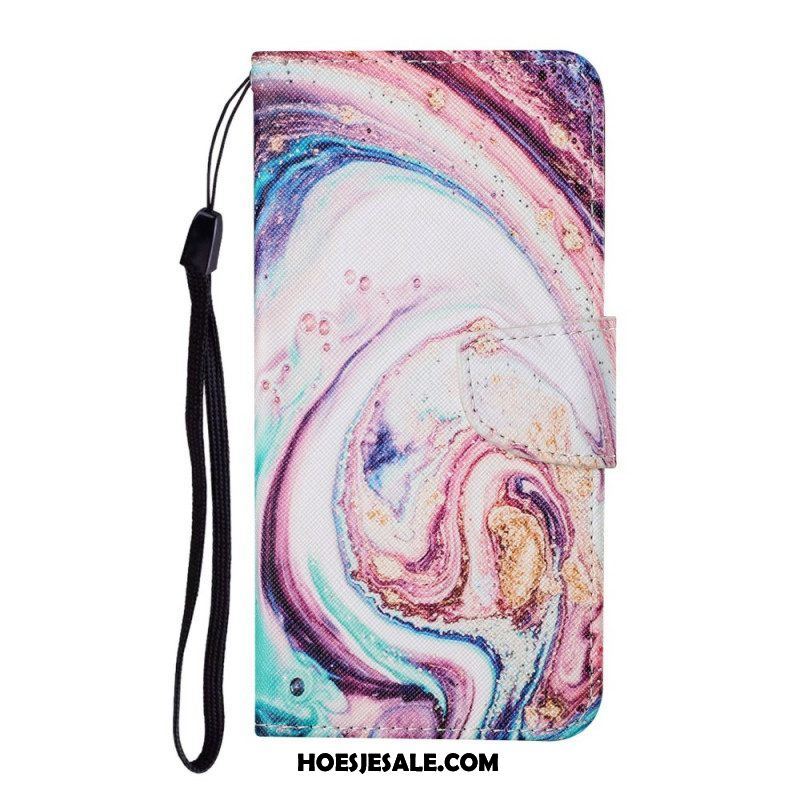 Folio-hoesje voor Samsung Galaxy S22 Ultra 5G Marmer Met Lanyard