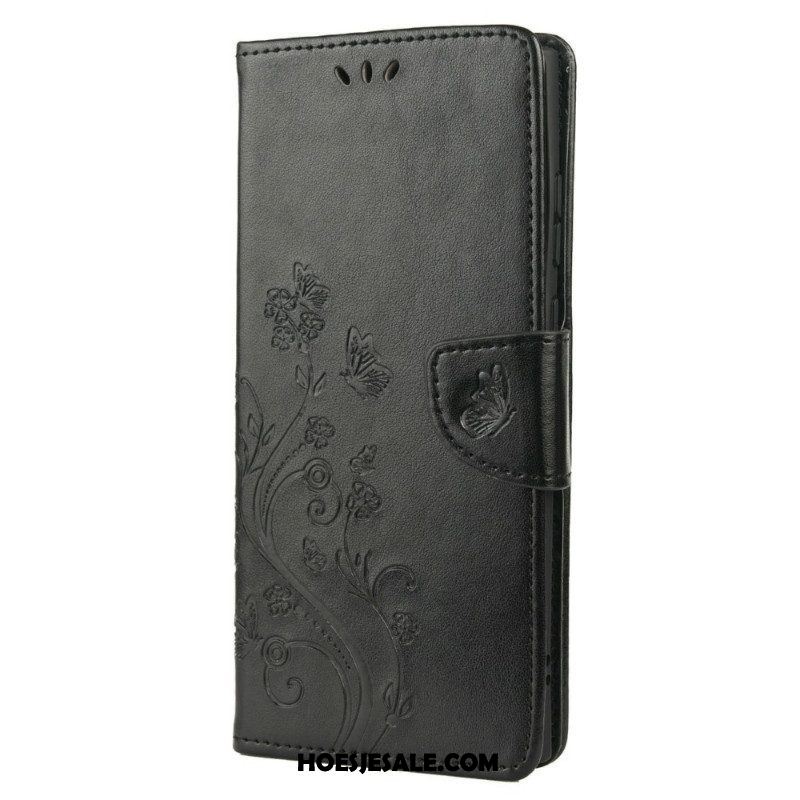 Folio-hoesje voor Samsung Galaxy S22 Ultra 5G Vlinders En Bloemen Met Sleutelkoord