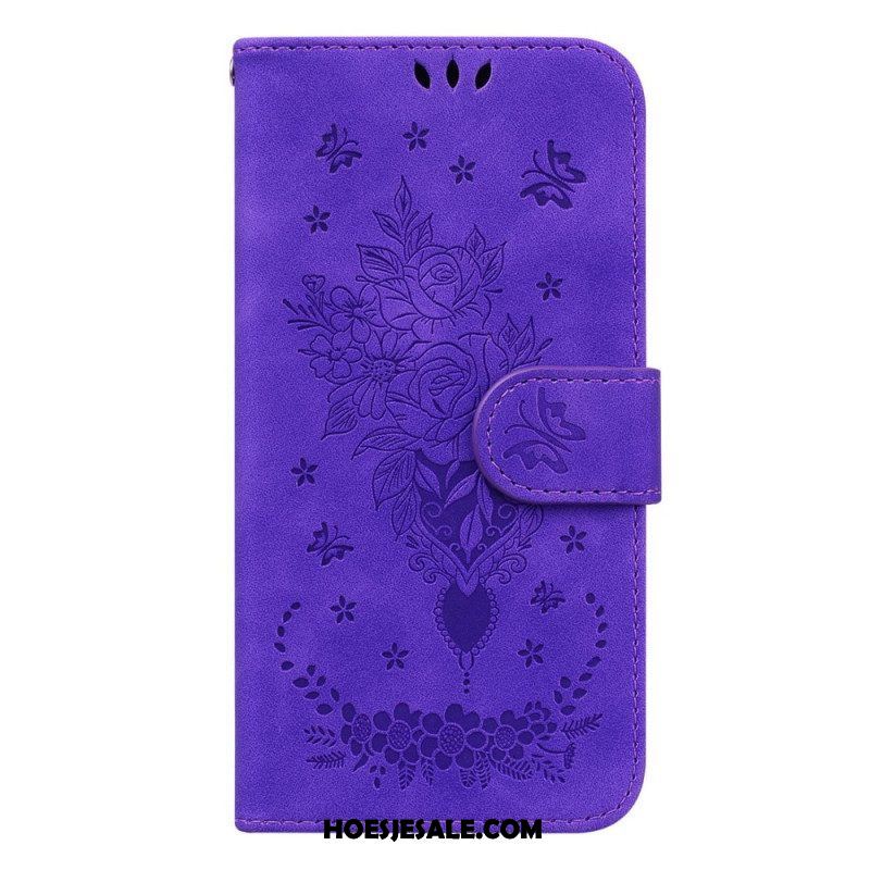 Folio-hoesje voor Samsung Galaxy S23 Plus 5G Met Ketting Strappy Rozen En Vlinders