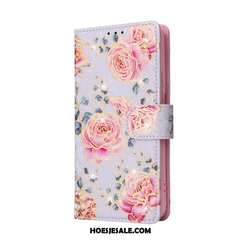 Folio-hoesje voor Samsung Galaxy S23 Plus 5G Rfid-bloemen Met Sleutelkoord