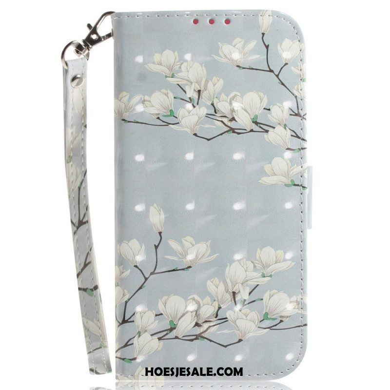 Folio-hoesje voor Sony Xperia 1 IV Met Ketting Witte Bloemen Met Bandjes