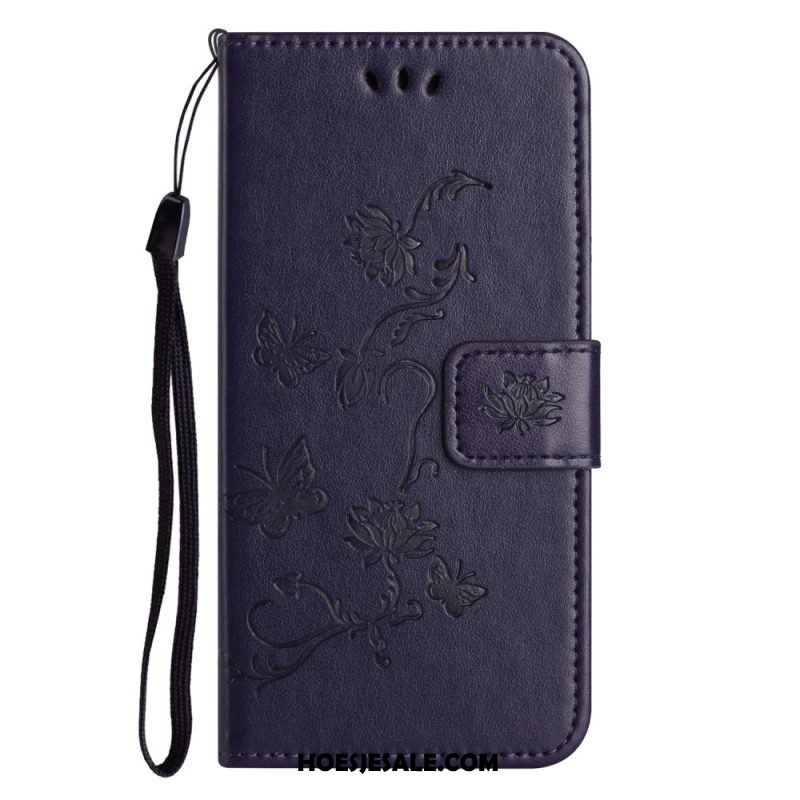 Folio-hoesje voor Xiaomi Redmi Note 12 4G Met Ketting Bloemen En Vlinders Met Riem