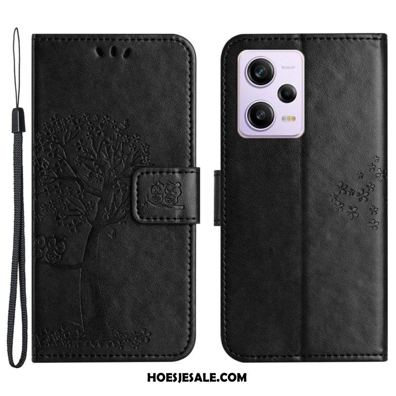 Folio-hoesje voor Xiaomi Redmi Note 12 5G Met Ketting String Boom En Uilen