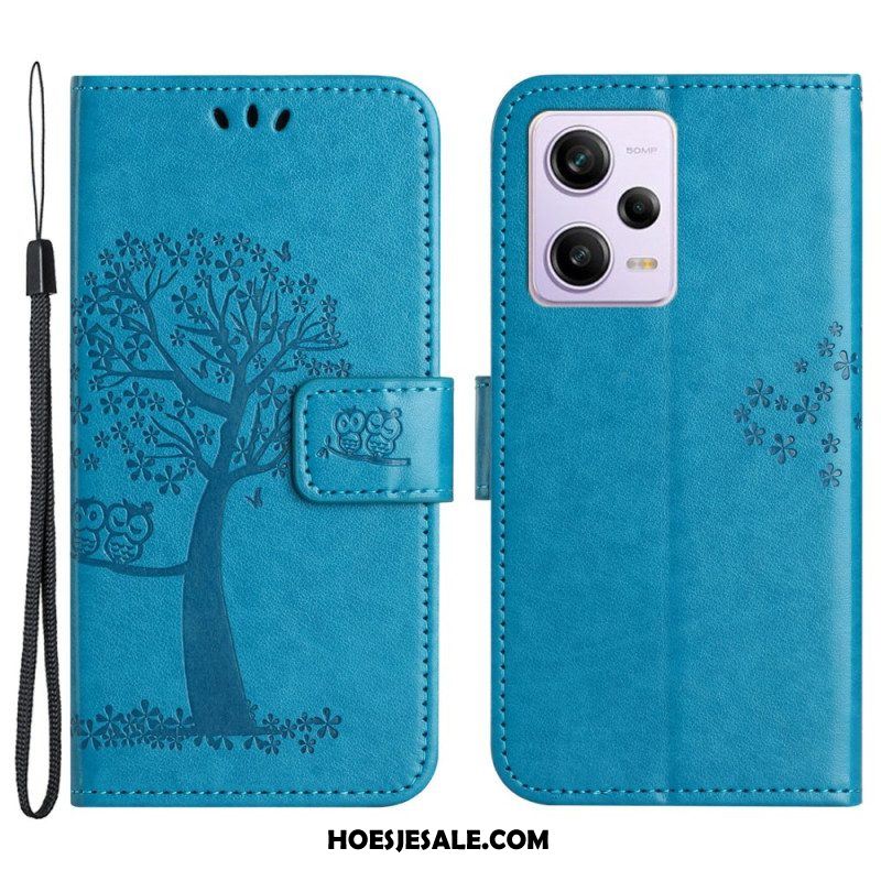 Folio-hoesje voor Xiaomi Redmi Note 12 5G Met Ketting String Boom En Uilen