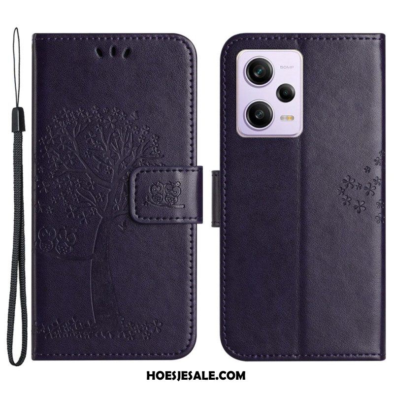 Folio-hoesje voor Xiaomi Redmi Note 12 5G Met Ketting String Boom En Uilen