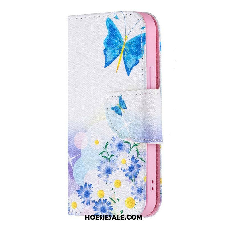 Folio-hoesje voor iPhone 13 Mini Geschilderde Vlinders En Bloemen