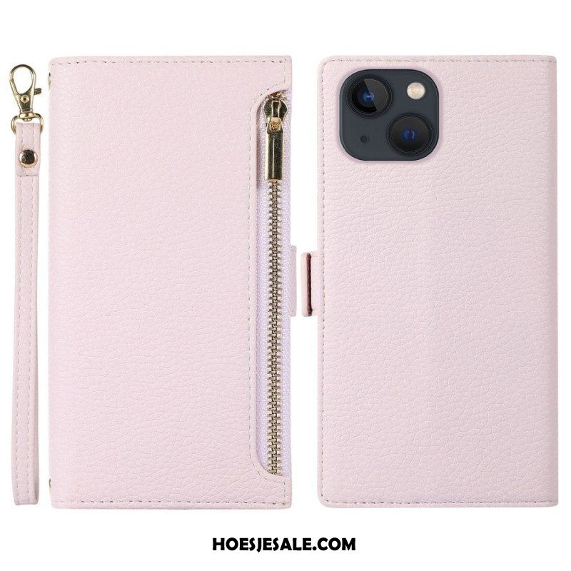 Folio-hoesje voor iPhone 14 Plus Met Ketting Litchi Leer Met Riem En Ritssluiting