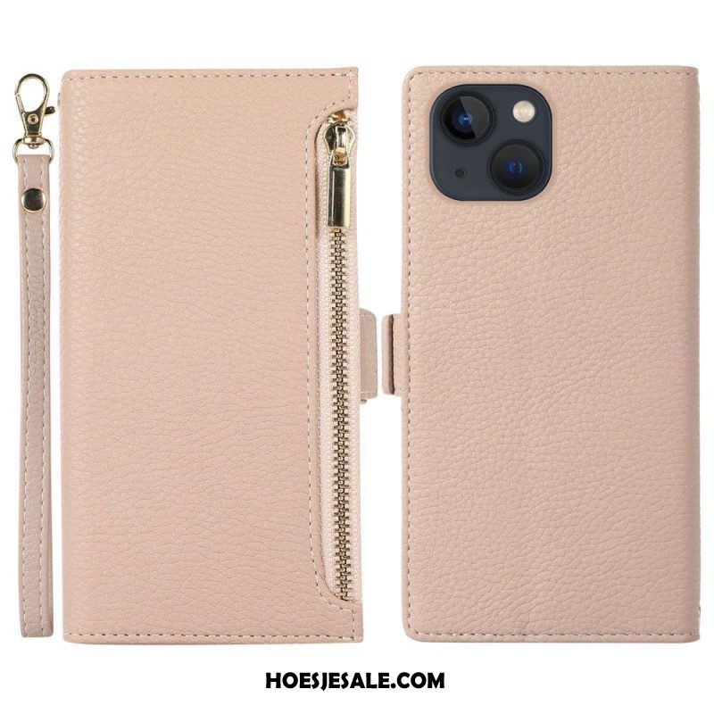 Folio-hoesje voor iPhone 14 Plus Met Ketting Litchi Leer Met Riem En Ritssluiting