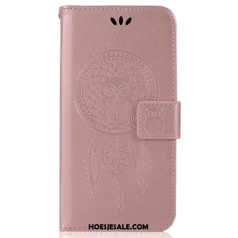 Folio-hoesje voor iPhone 14 Pro Met Ketting Uil Dromenvanger Met Riem