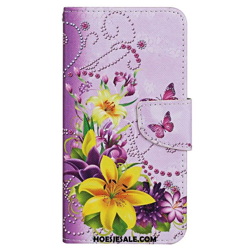 Folio-hoesje voor iPhone 15 Met Ketting Vlinders En Bloemen Met Riempje